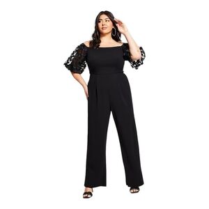 XSCAPE‎ Plus Size Puffed Sleeve Off-The-Shoulder Jumpsuit Black Sizes 20W 22W